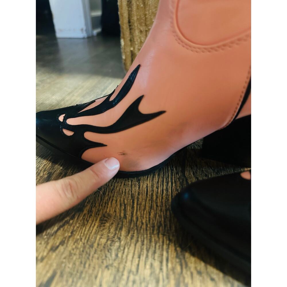 DOLLS KILL Pink Black Skull And Crossbones Flame Cowboy Boho Rough Rider Boots - Picture 4 of 12